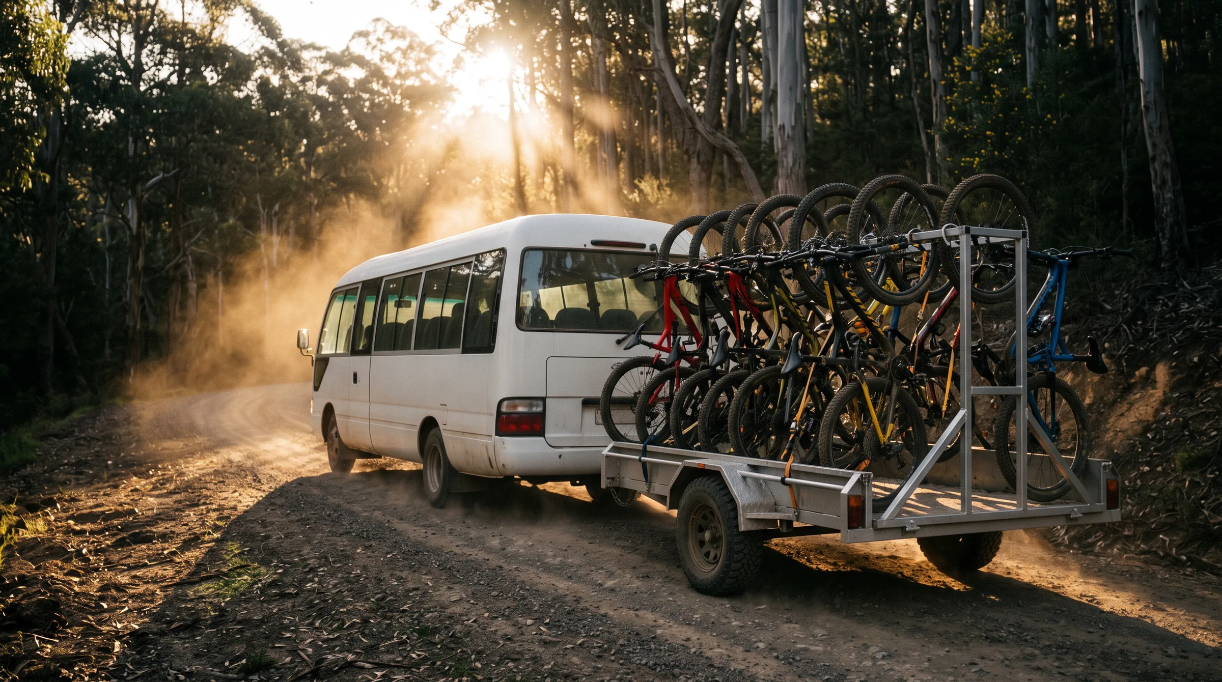 A white minibus towing a trailer of mountain bikes up a dusty forest road at golden hour
