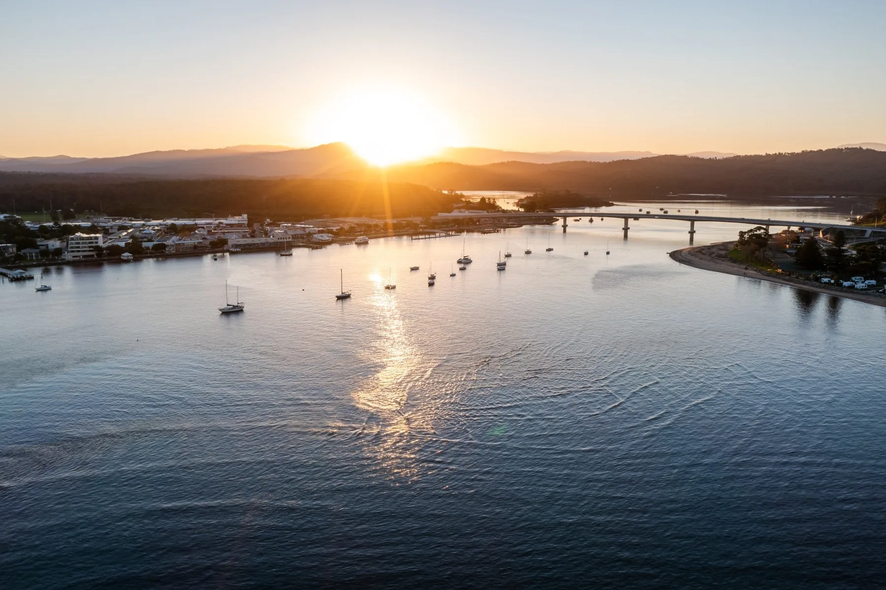 Sunset over the bay at Batemans Bay from the air