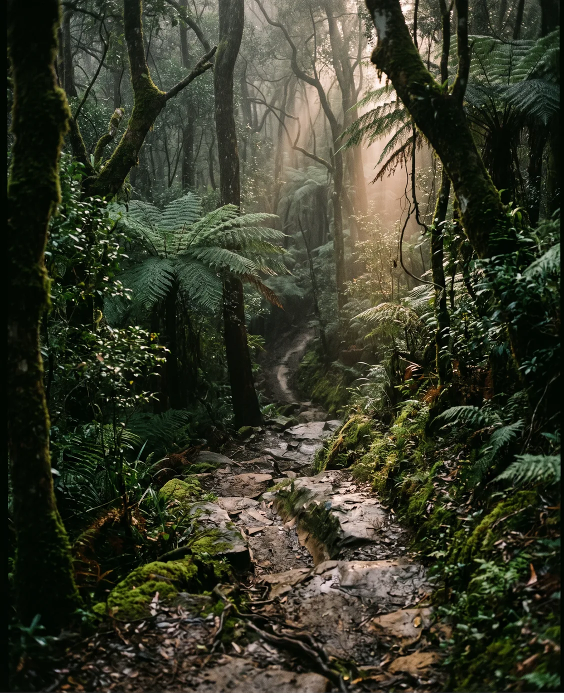 A rocky downhill track dropping through wet rainforest and tree ferns
