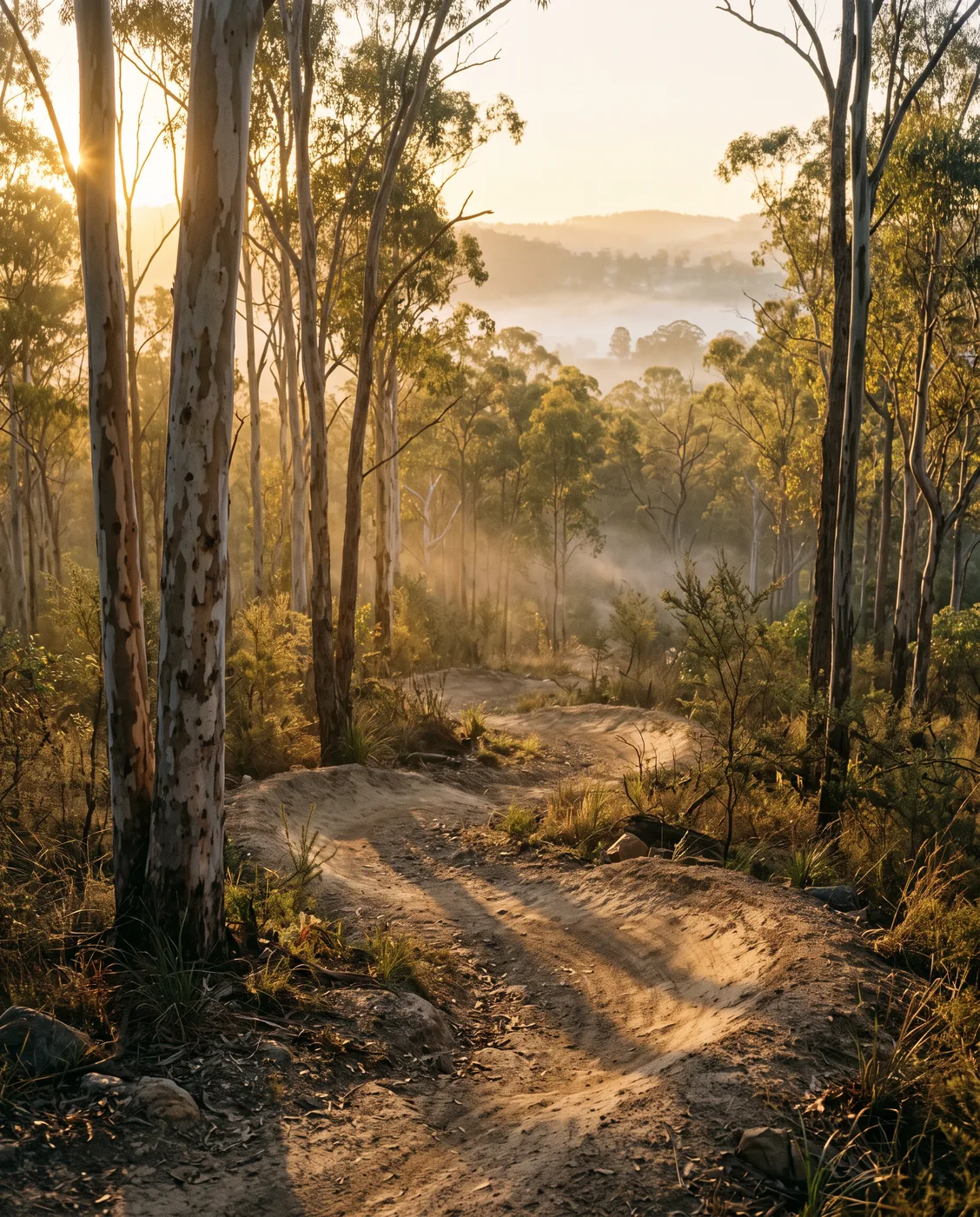 A flow trail berm through dry eucalyptus forest at dawn